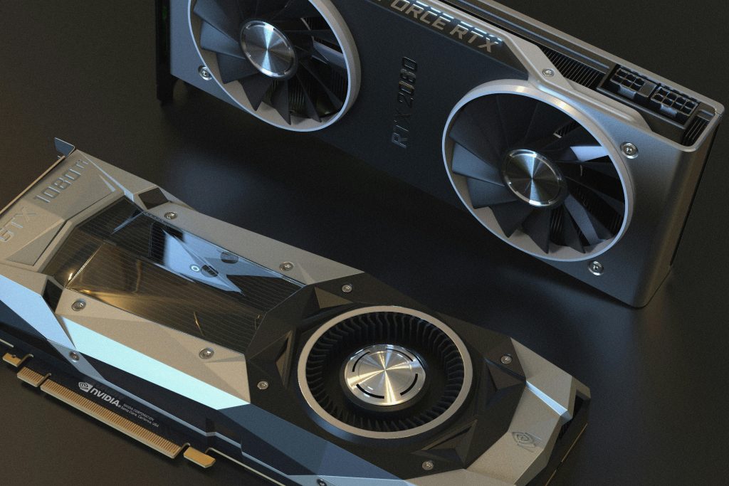 Top view of NVIDIA GTX 1080 and RTX 2080 graphics cards used in advanced computer setups.